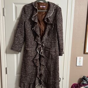 Women's Brown Tweed Long Trench Coat with Ruffle Trim